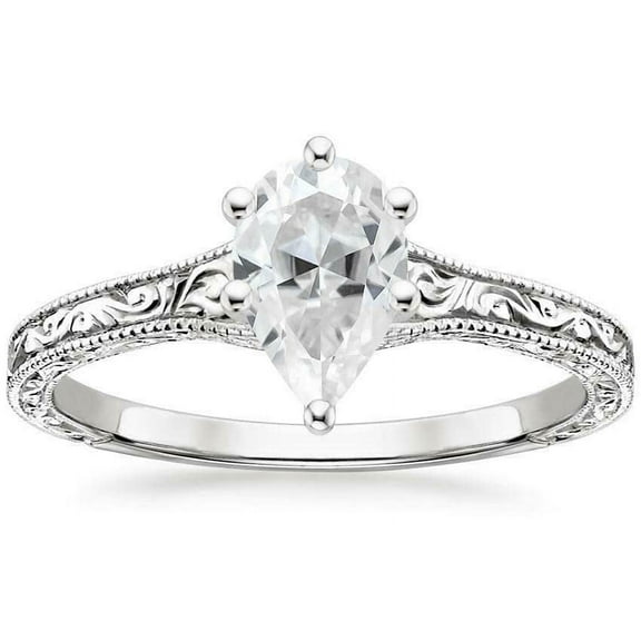 HeartsAndYou 1ct Pear Cut Moissanite Engagement Ring for Women 18k White Gold Over Silver Vintage Inspired Solitaire