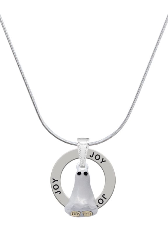 Two-tone 3-D Ghost with Black Crystals Joy Ring Charm Necklace, 18"