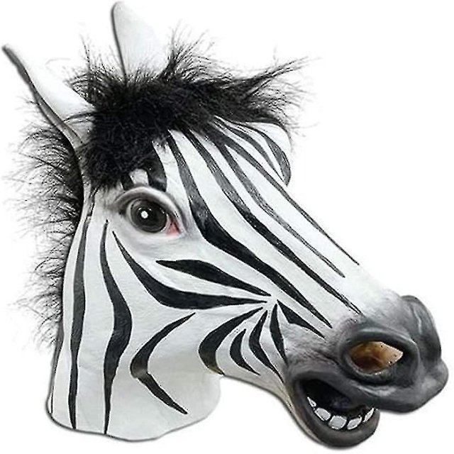 máscara de cebra de cabeza completa, disfraz de fiesta de disfraces de halloween espeluznante de animal de látex talla única; vista frontal centrada de máscara blanca con franjas negras, crin de pelo sintético negro en la parte superior y aberturas grandes para ojos y boca, hecha de látex importado, ideal como accesorio de disfraz para fiestas.