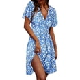 thumbnail image 2 of ClodeEU Women's V Neck Puff Sleeve Floral Mini Dress,Casual Wrap A Line Flare Sundress Light Blue,Women's Plus XL, 2 of 6