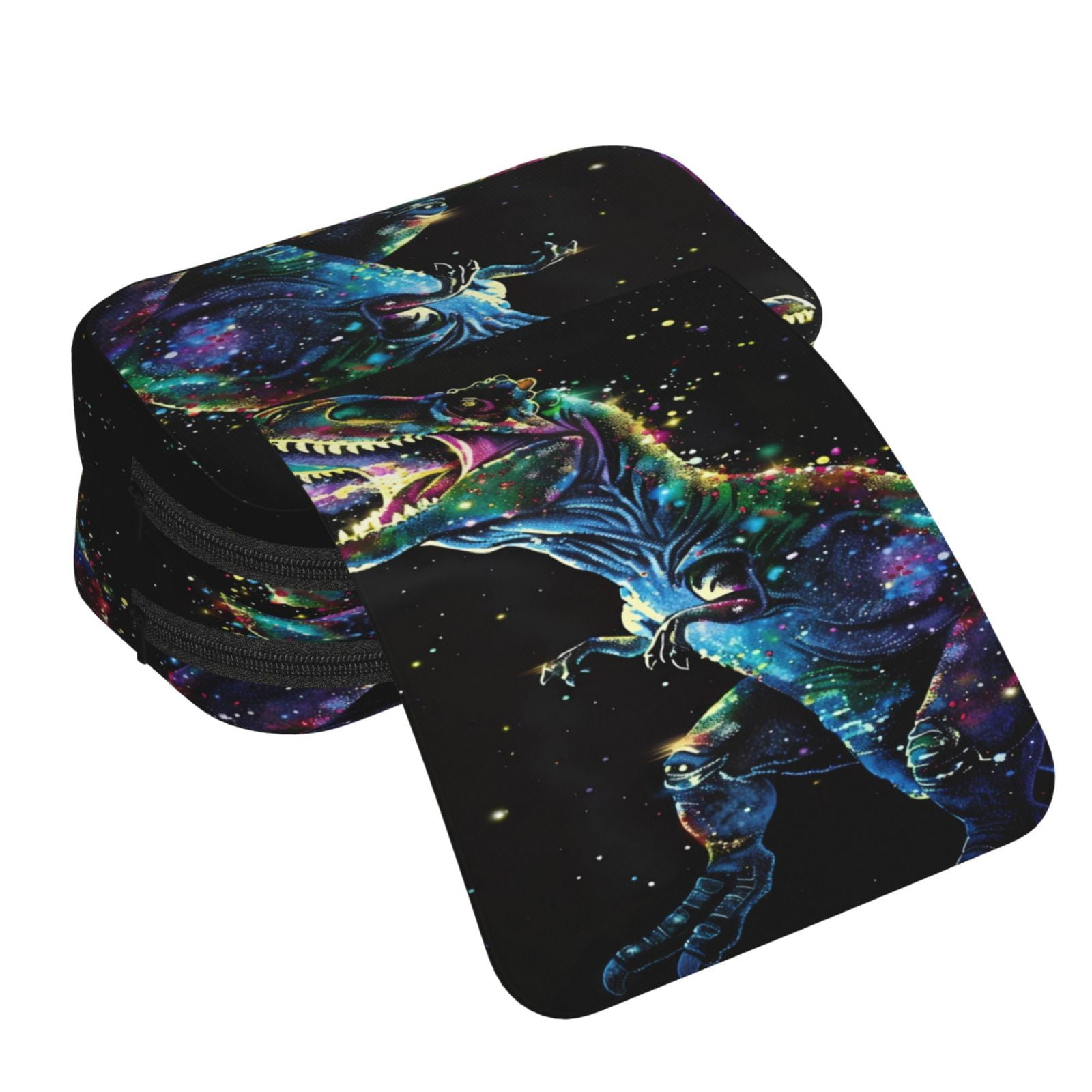 Rateoe colorful flames dinosaur Pattern Double Clamshell Pen Case, Storage Organizer with Two Zipper Compartments– Holds Up to 50 Pencils & Pens