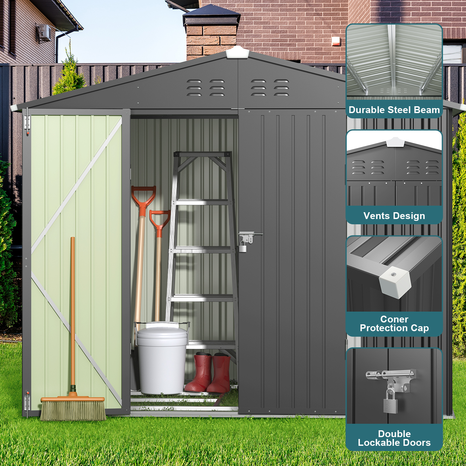 Lofka 8 x 6 FT Metal  Outdoor Storage Shed with Double Lockable Doors and Air Vents for Patio, Garden, Backyard, Lawn, Dark Gray - image 5 of 7