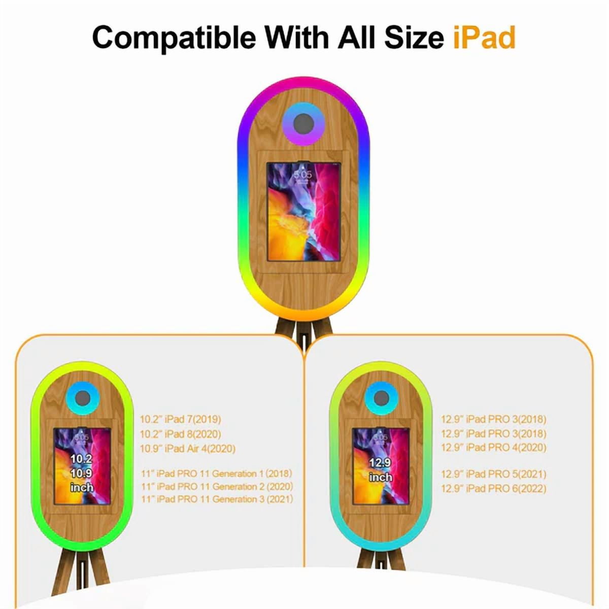 Tripod iPad DSLR Photo Booth Compatible with all Size iPad and DSLR camera Built-in RGB ring light for Parties and Weddings Events & Business