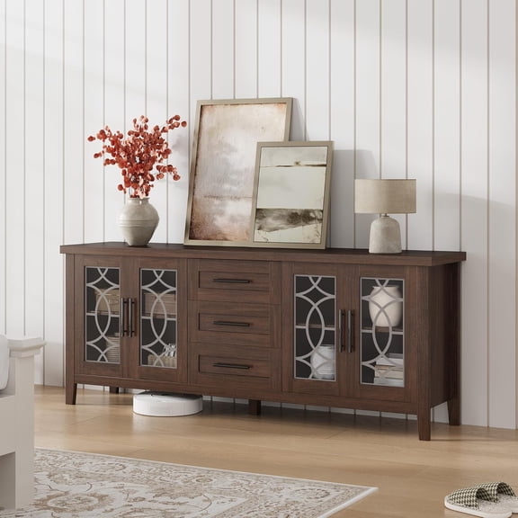 Farmhouse TV Stand for 65-70 Inch TVs, Glass Door Entertainment Center with 3 Drawers, 2 Storage Cabinets, Adjustable Shelves and Shelves for Living Room,Brown