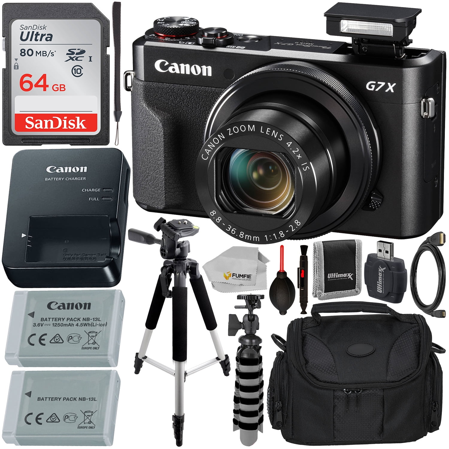 Canon PowerShot G7 X Mark II Digital Camera (Black) with Essential Accessory Bundle - Includes: SanDisk Ultra 64GB Memory Card, Extended Life Replacement Battery, Tripod, Carrying & More - Walmart.com