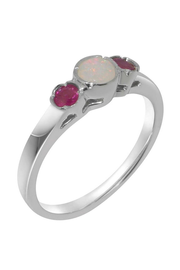 LBG British Made Real Solid 18k White Gold Natural Opal & Ruby Womens Anniversary Ring - 33 size options - Size 6.25