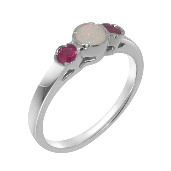 LBG British Made 14k White Gold Natural Opal & Ruby Womens Promise Ring - 33 size options - Size 9.5