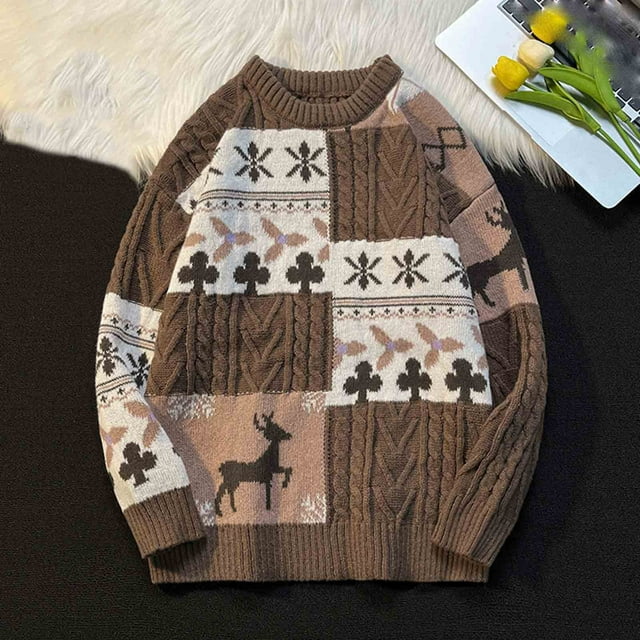 TIMIFIS Chandail Graphique de Noël pour Hommes Col Rond Manches Longues Tricot Torsadé Doux Confortable Ample Mode Hauts Élégants