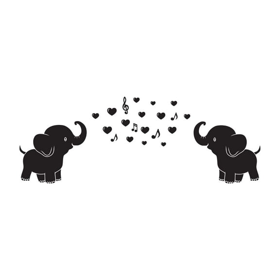 Children Adorable Animal Wall Decal Decoration Cute Little Elephants Silhouette Little Hearts Music Notes Lasts Years and Easily Removable - Size: 40 In(W) x 16 In(H)