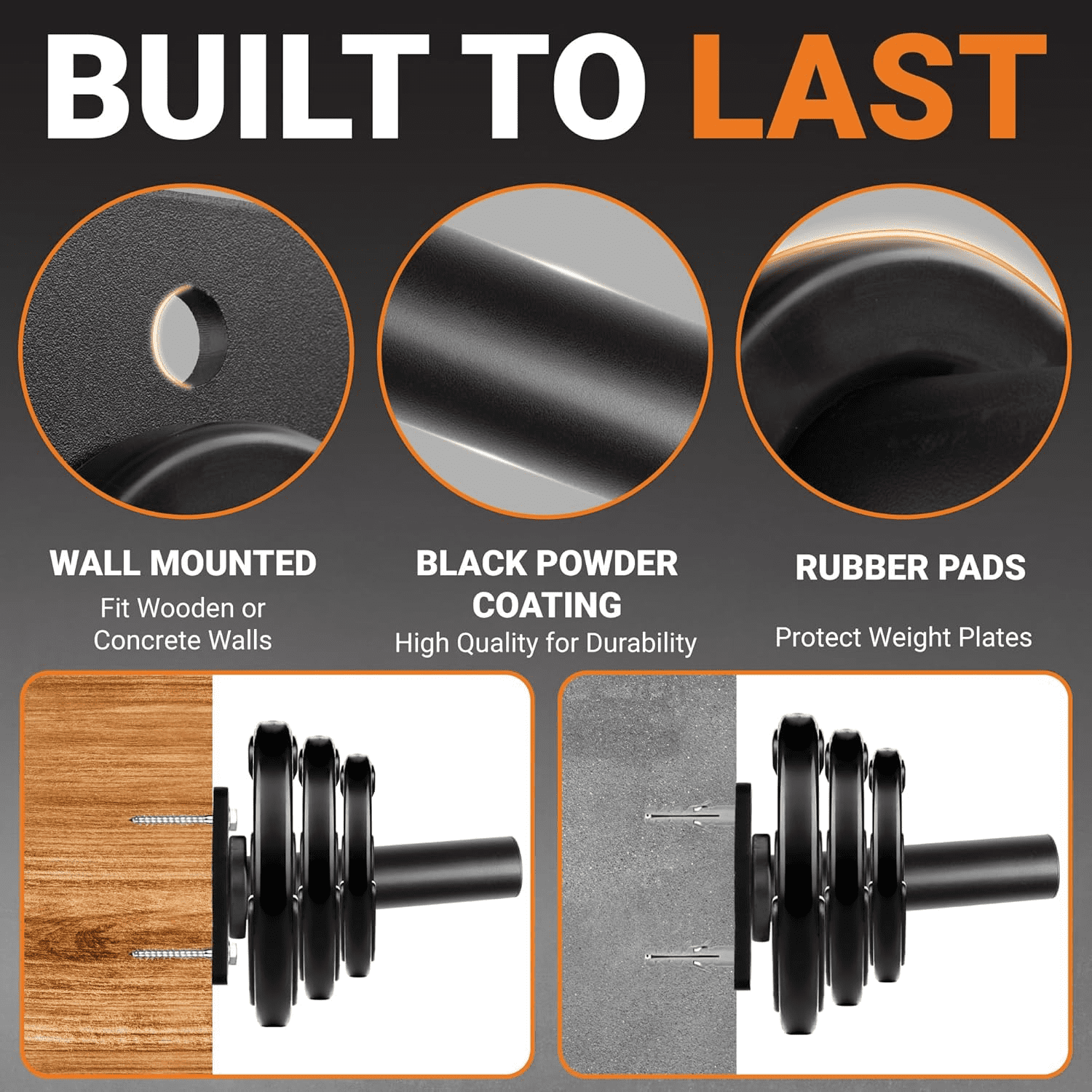 Yes4All Wall Mounted Weight Plate Holder - Fit 2inch Olympic Weight Plates, Protective Rubber Pad - 4 PCS