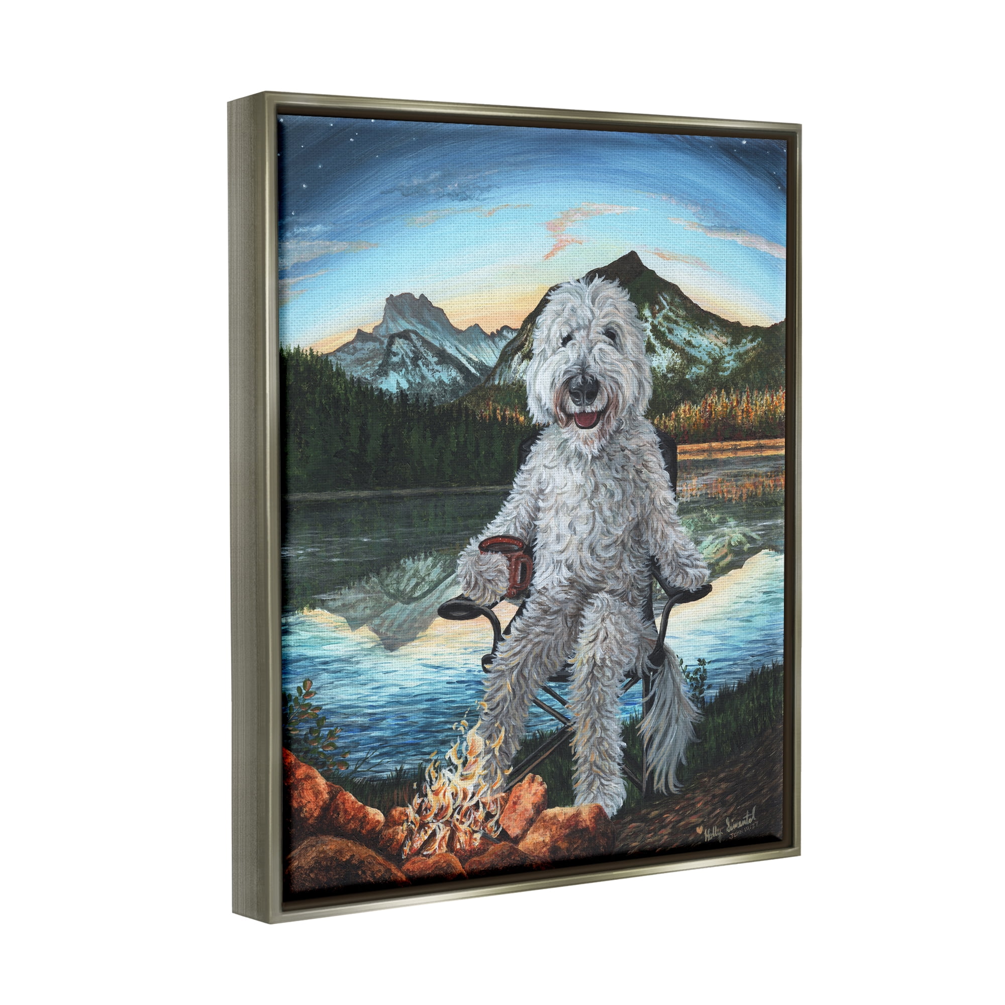 Stupell Industries Dog by Campfire Landscape Nature Painting Gray Floater Framed Art Print Wall Art, 17 x 21