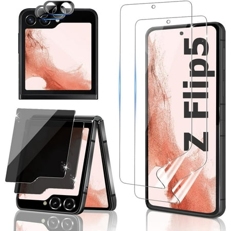 [6 Pack for Samsung Galaxy Z Flip 5 Screen Protector] 2 Pack Inner Screen Flexible TPU Film + 2 Pack Back Screen Tempered Glass Film + 2 Pack Camera Lens Film