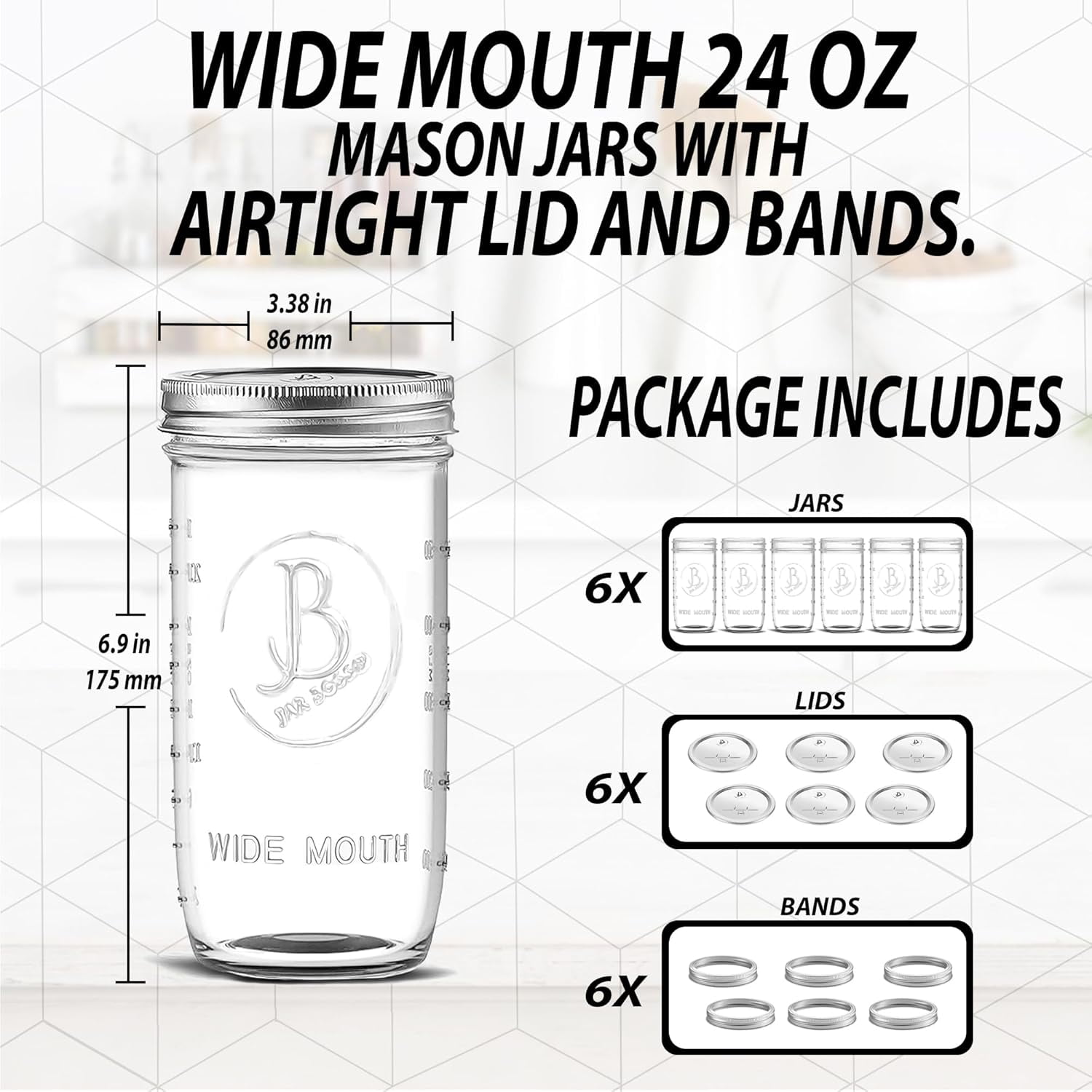 Wide Mouth Mason Jars 24 oz - (6 Pack) - Clear Glass Pint and a Half Mason Jars With Airtight Lids and Bands
