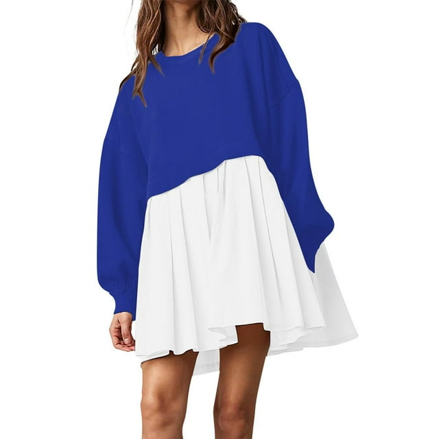 Robe Chandail Surdimensionnée pour Femmes Longue et Fluide à Empiècements, Chandail à Enfiler Mignon à Épaules Tombantes, Chandails d'Automne à Manches Longues, Mini-Robe, Adolescentes, Col Ras du Cou, Tunique Unie Plissée, Vêtements Amples Beig