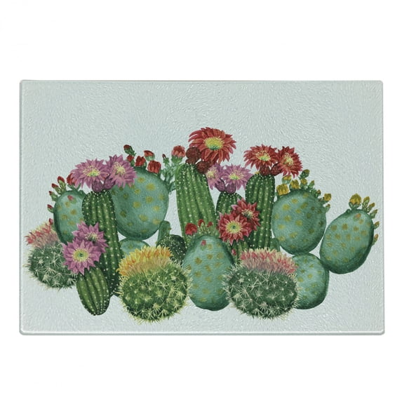 Cactus Cutting Board, Saguaro Cask Hedge Hog Prickly Pear Opuntia Tropical Botany Garden Plants Print, Decorative Tempered Glass Cutting and Serving Board, Small Size, Multicolor, by Ambesonne