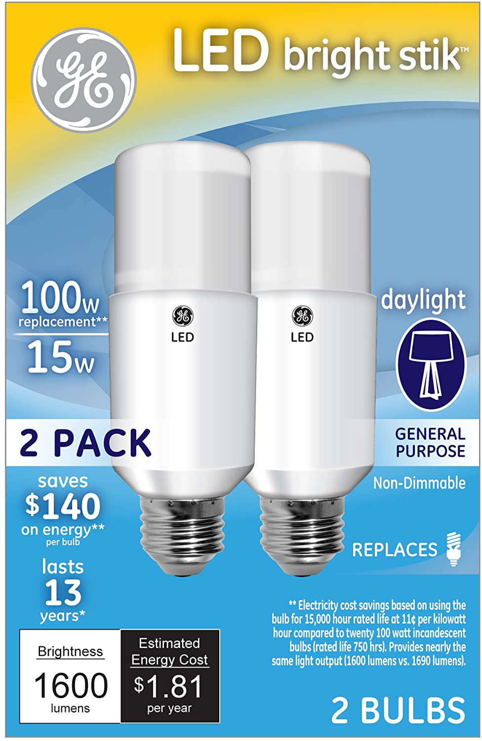 2-Pack 1600-Lumen Light Bulb with Medium Base Daylight GE Lighting 63869 LED Brightstik 15-watt 100-watt Replacement