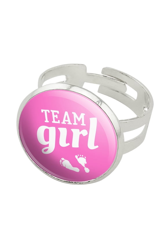 Team Girl Baby Pink Footprints Silver Plated Adjustable Novelty Ring