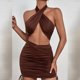 thumbnail image 4 of Falda de verano a la moda Sexy para mujer, paquete de cuello cruzado de Color sólido, falda a la cadera, traje ajustado Pompotops qwe13459, 4 of 9