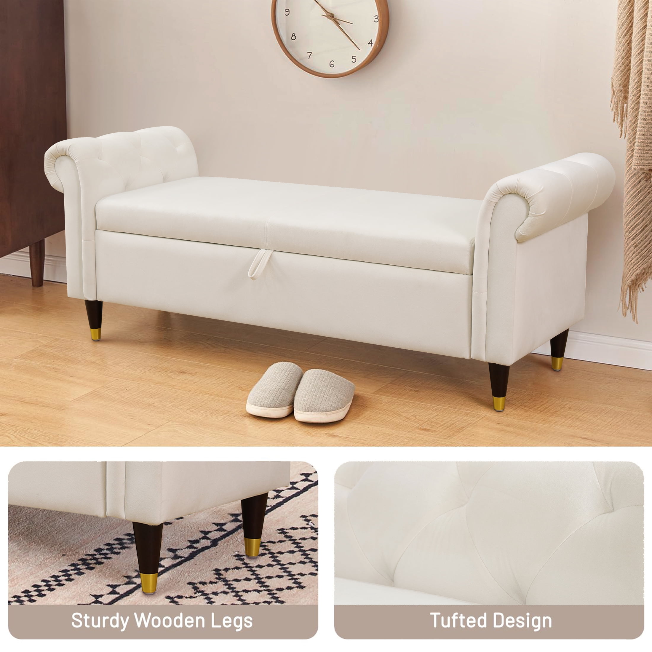 Aukfa 64 inch Oversized Storage Ottoman Bench, Lift Top Storage Chest for Bedroom, Sherpa, White