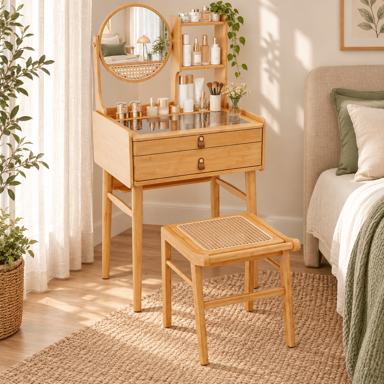 Furnibear Small Vanity Desk and Stool Set with Rotating Mirror and 2 Drawers, Bamboo Makeup Dressing Table with 3 Shelves for Small Bedroom, Natural