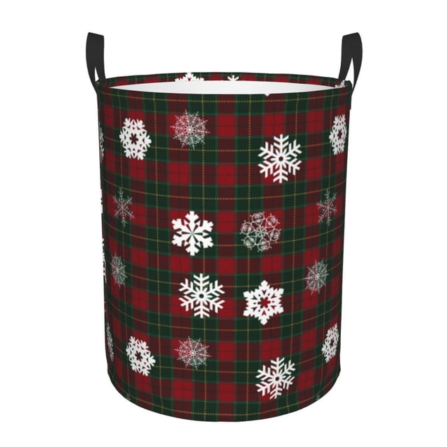 Balery Plaid Snowflakes Festive Cesta de ropa redonda con asas, impermeable, independiente, para ropa, juguetes, dormitorio y familia-Small