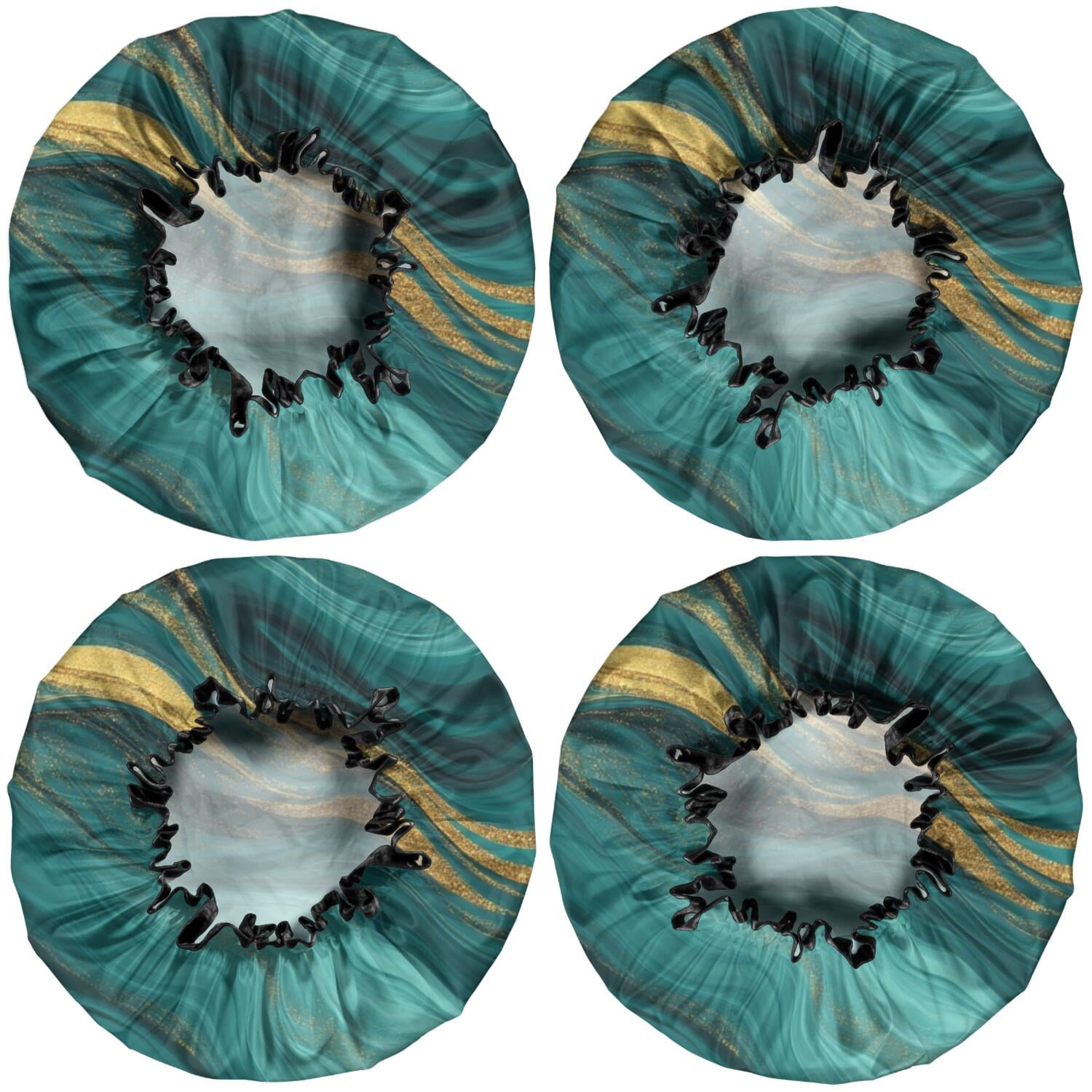 Shower Caps,Teal and Gold Marble Glitter Waves Pattern Waterproof Shower Cap for Women 4 Pieces,Double Reusable Hair Cover for Shower PEVA Elastic Stretch Hem
