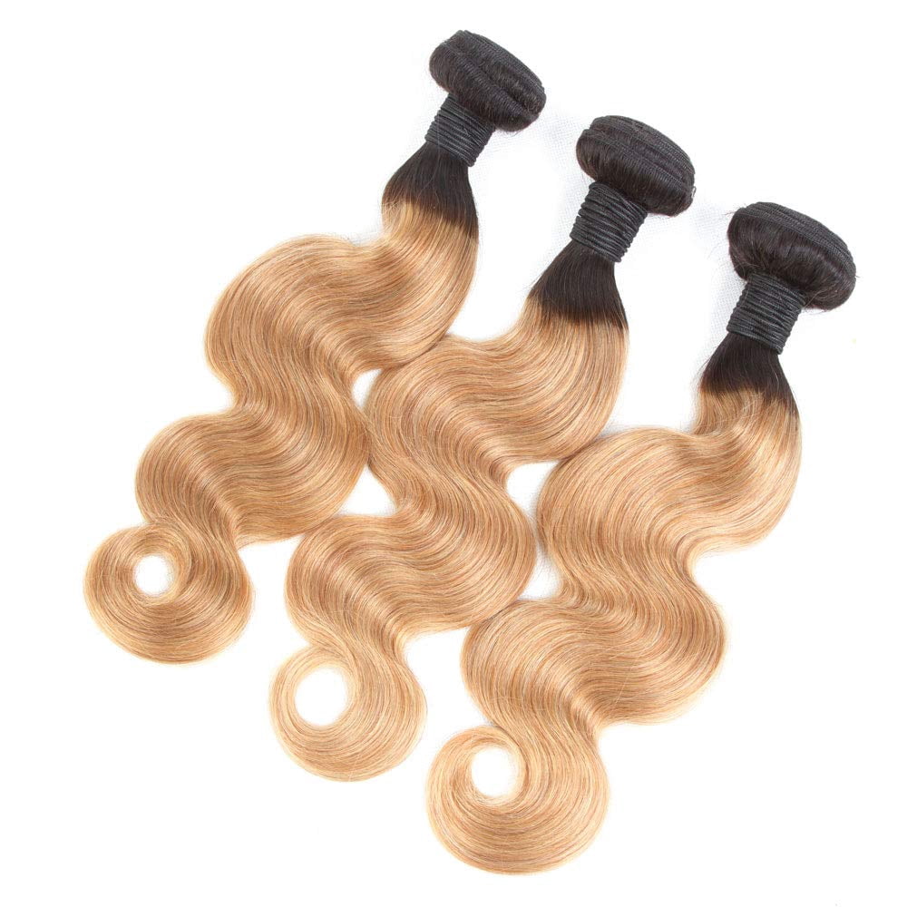 Ustar 100% Human Hair Ombre 1B/27 Body Wave 3 Bundles with 4 by 4 Lace Closure Stretched Length/inch: 22"24"26"+ Closure22"