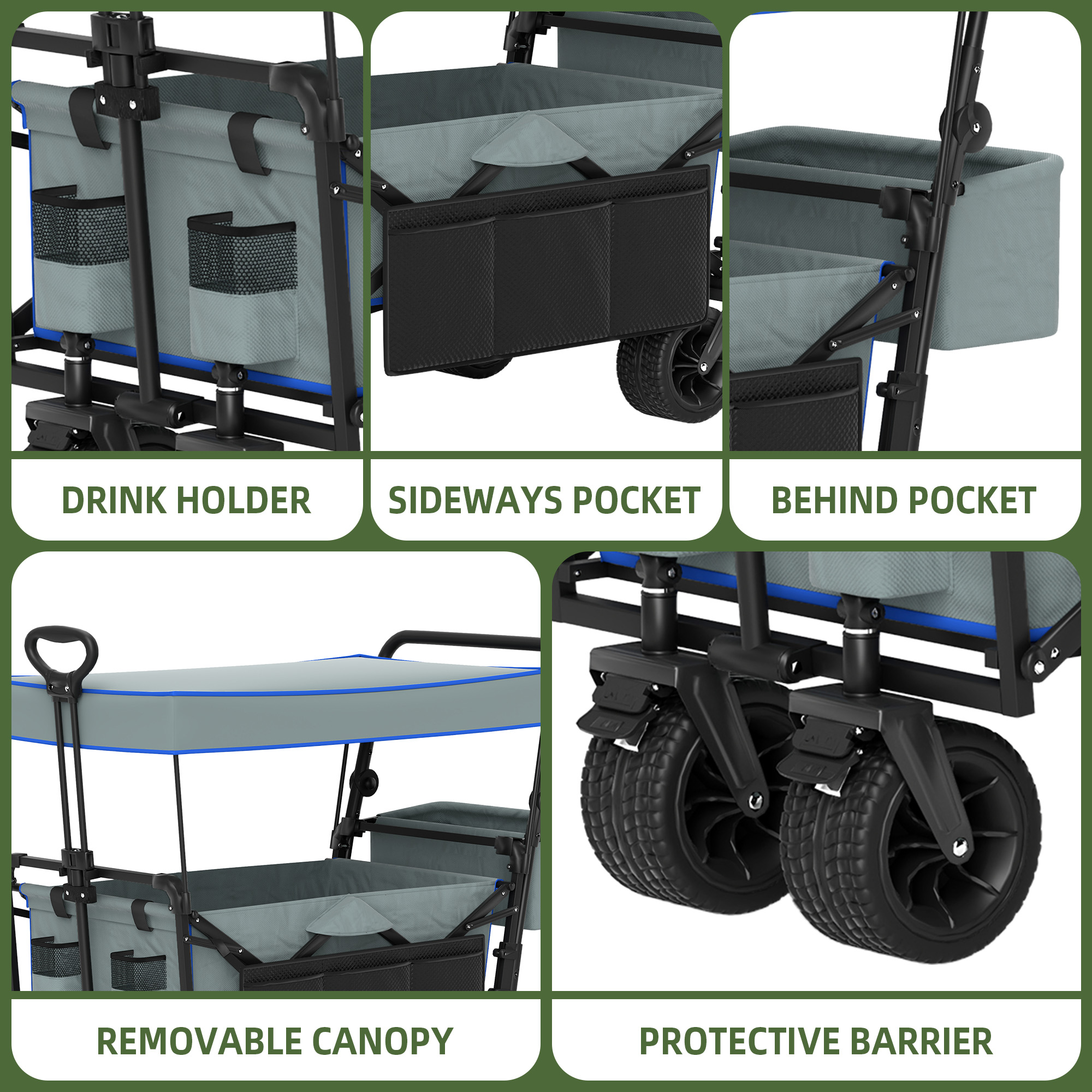 Uforic Large Collapsible Garden Cart - Durable, Convenient, and Versatile Swivel Wheels for Shopping, Picnic, Camping, Sports, Grey