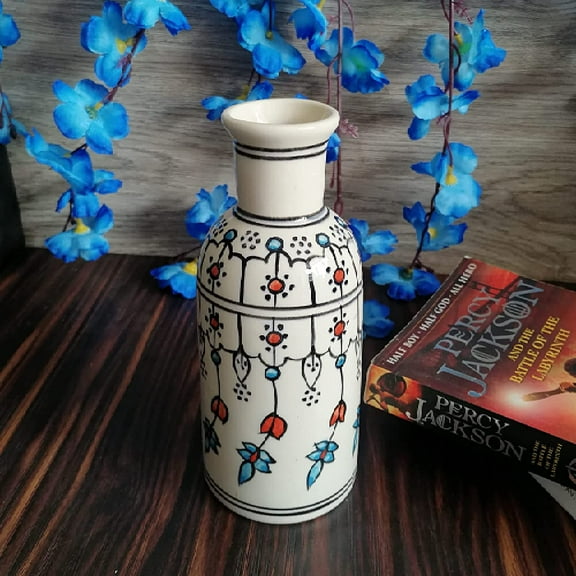 India Meets India Ceramic Bottle Vase [White], Decorative Small Ceramic Vases Modern Home Décor Flower Vase for Shelf Home Décor Living Room Twisted Tall Creative Black Vase - 7.5"