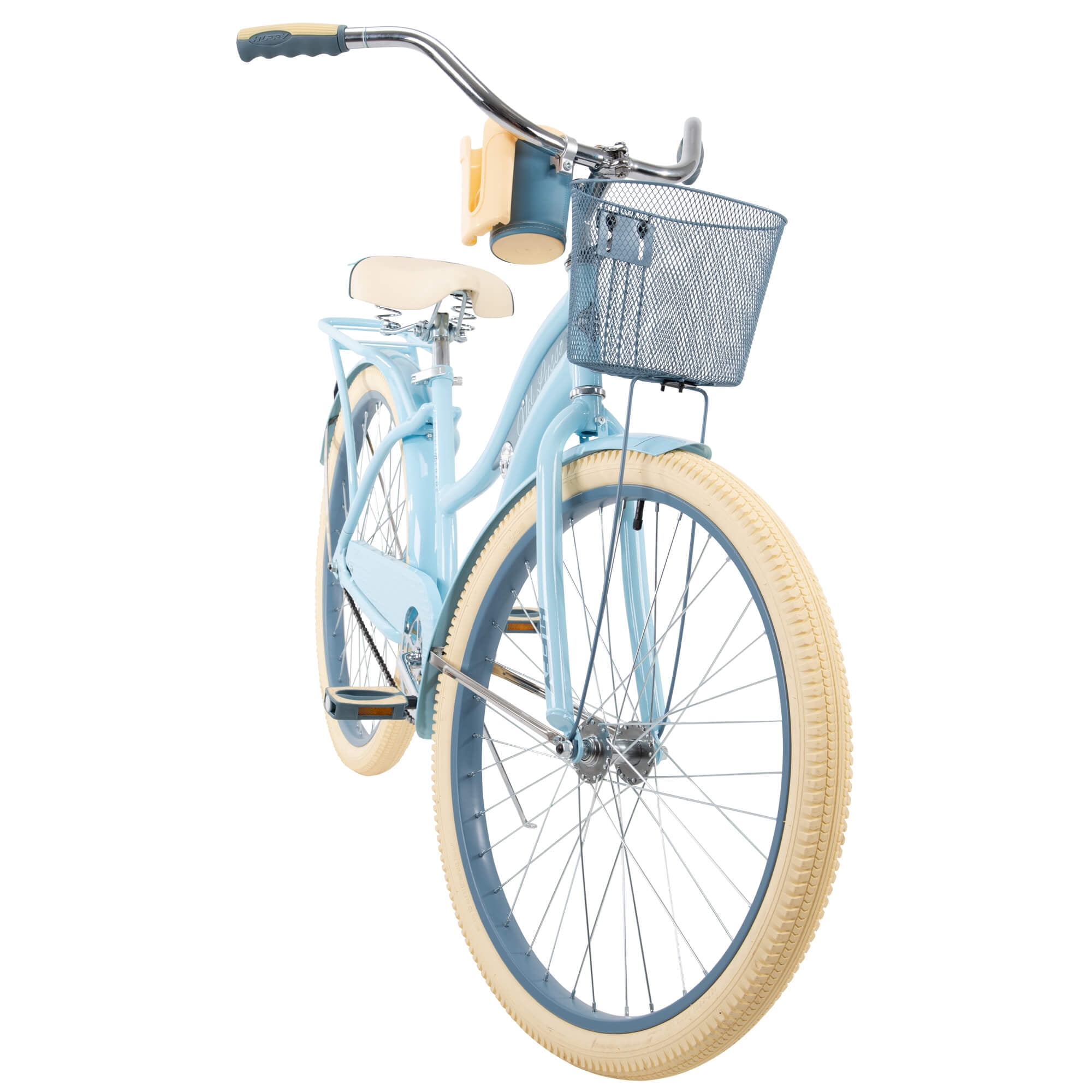 pastel blue bike with basket