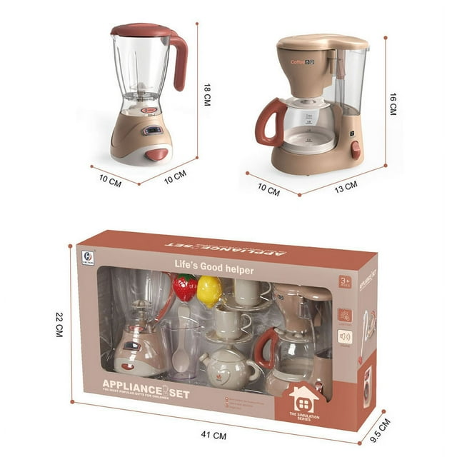 juego de cocina de pequeños electrodomésticos para niños y niñas, simulación de lavadora eléctrica; set visible de cafetera (13x10x16 cm) y licuadora (10x10x18 cm) en plástico beige con asas rojas, incluye jarra, tazas y cucharas en empaque con ventana 41x22x9.5 cm; juguete educativo para coordinación y juego de rol en cocina para niños, recomendado 3+ años.