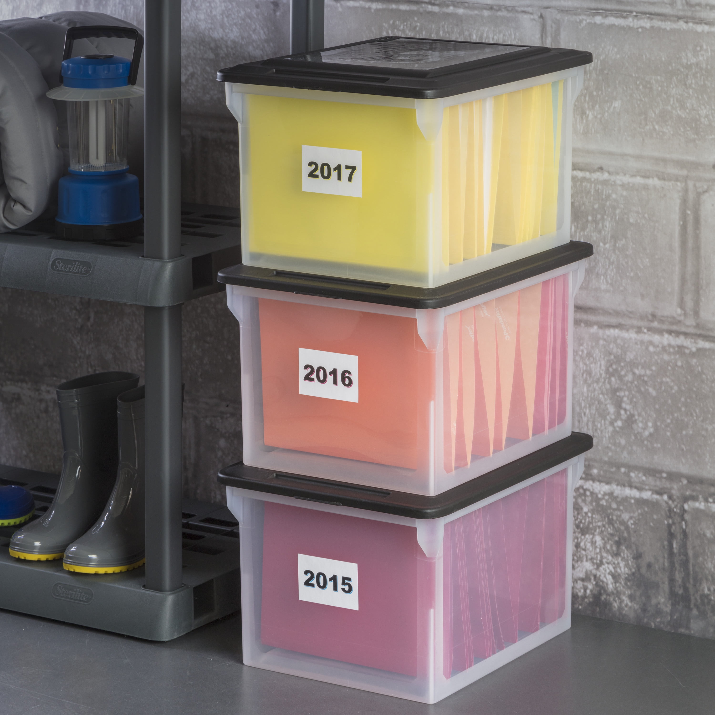 Stackable storage bin with hinged lid, 15L, Plastic File Cabinet:  Streamlined Office Storage