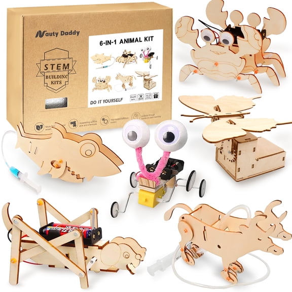6件装-DIY动物系列拼装玩具-机械蝴蝶、机械狗 - 3D 木制拼图积木玩具，STEM 教育科学模型套件，激发男孩和女孩创造力｜物理玩具 | 工程