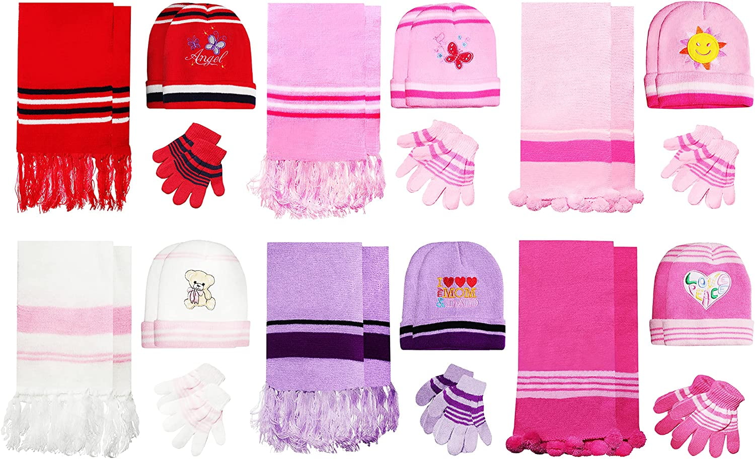 12 Pack of Kids 3pc Set of Winter Hat Gloves and Scarf, Bulk Childrens