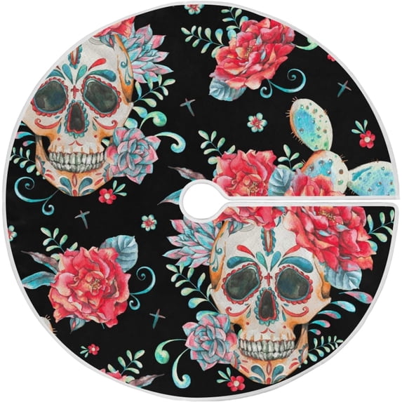 FMSHPON SkullRoses Wildflowers Cactus Xmas Christmas Tree Skirt Stand Mat for Holiday Party Decoration Indoor Outdoor 36 inches
