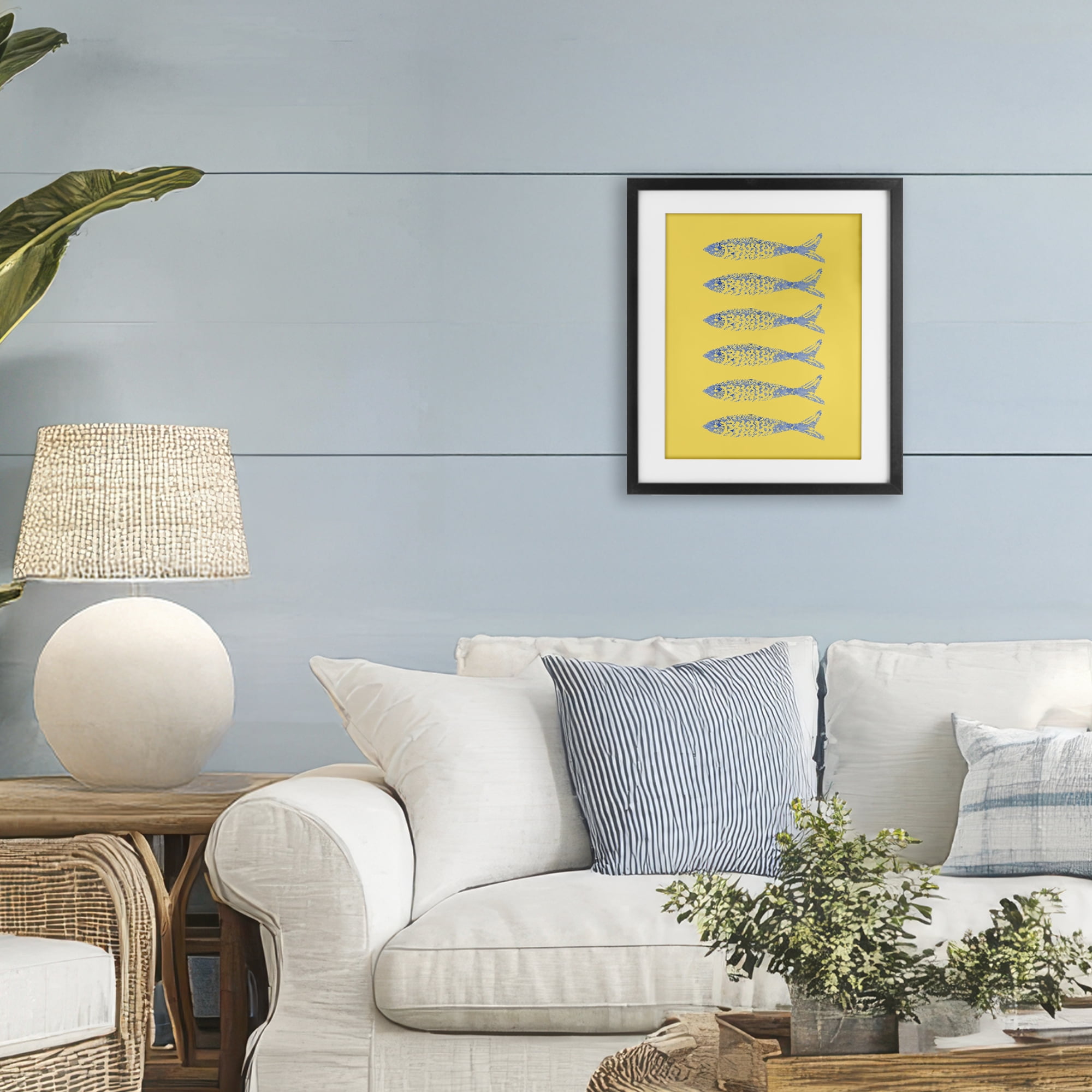 Stupell Industries Sardine Stamps on Yellow Black Framed Print Under Glass, design by Julie DeRice