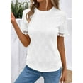 thumbnail image 3 of Women'S Casual Round Neck Tops Eyelet Short Sleeve Shirts Knitted Splice Slim Fit Tees White XXL, 3 of 7