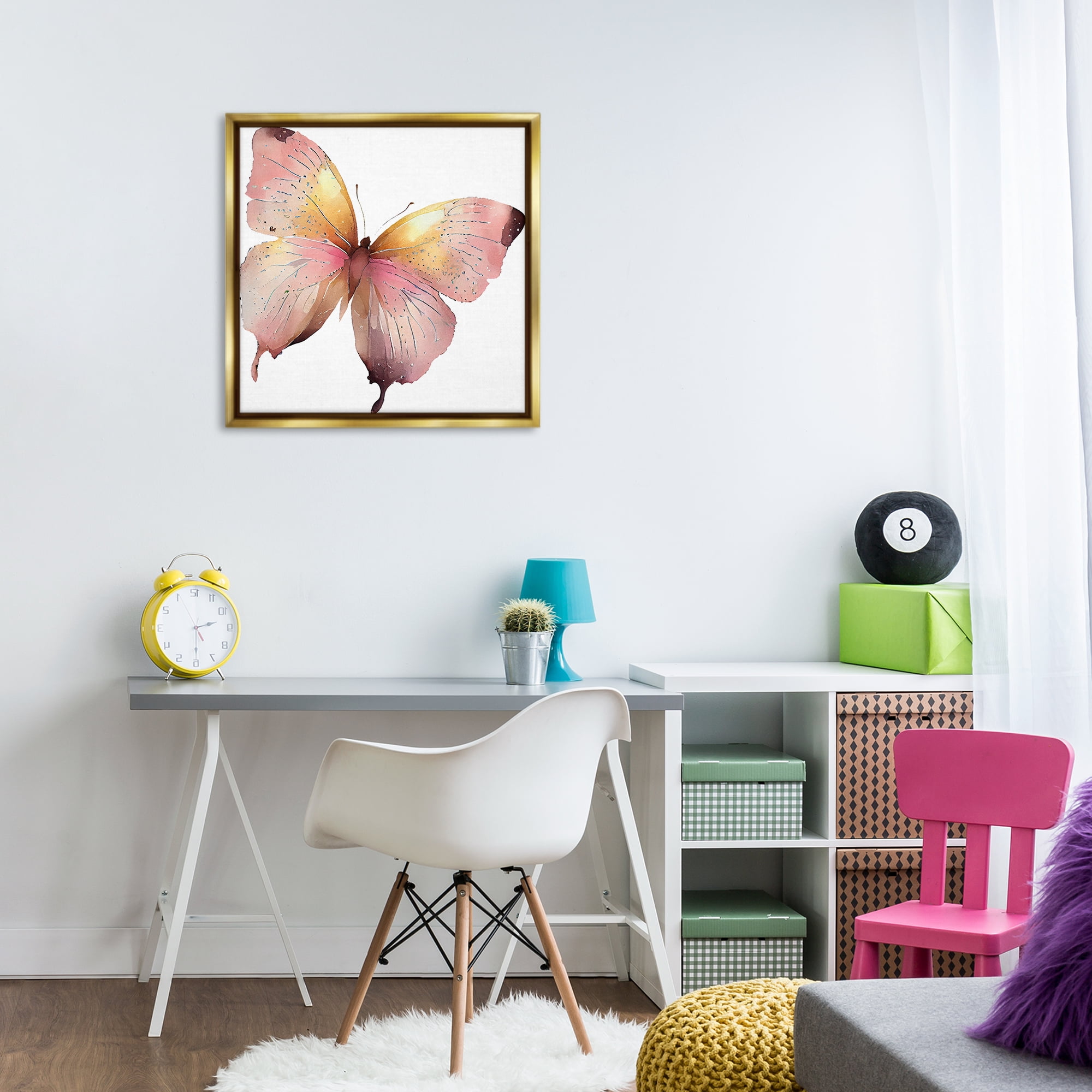 Stupell Industries Chic Pink Butterfly Animals Painting Gold Floater Framed Canvas Art Print Wall Art, 25 x 25
