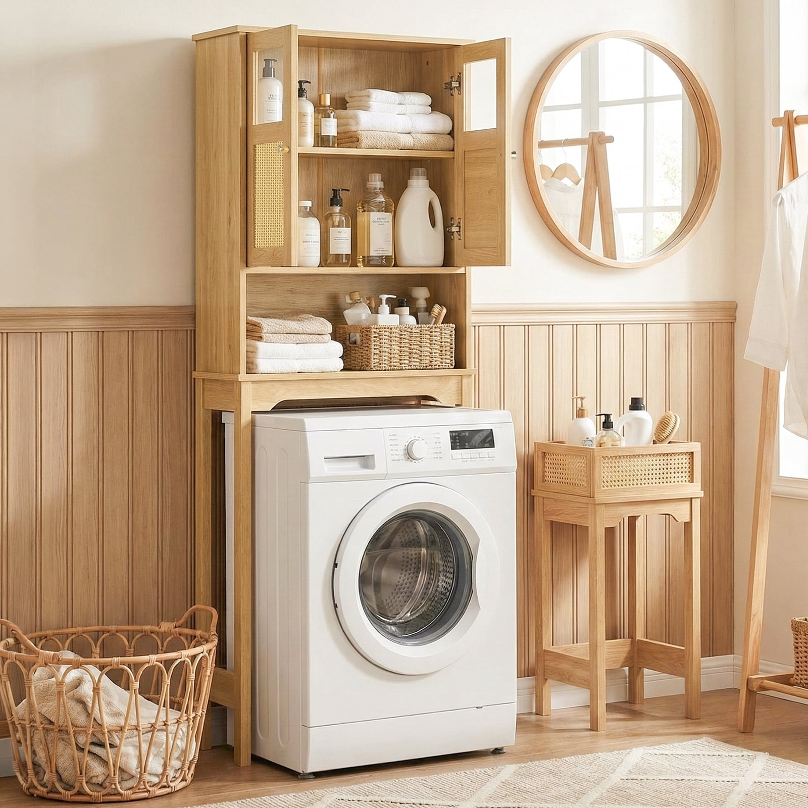 Ktaxon Over the Toilet Bathroom Storage Cabinet  with 2 Doors & 3 Storage Shelves Space Saver, Rattan