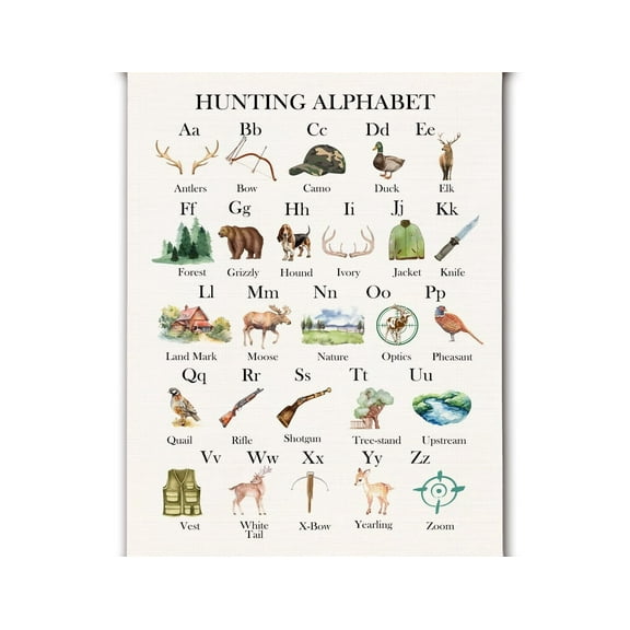 Hunting Alphabet Nursery Wall Art Poster, Hunting Nursery Decor, Forest Animal ABC Alphabet Educational Canvas Prints Wall Decor for Kids Baby Toddler Boys Room Dorm poster