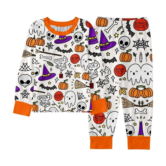 Halloween Pajamas Kids Size 4-5 Years Themed Sleepwear Long Sleeve Top and Pants Soft Homewear Girls' Pajama Sets White