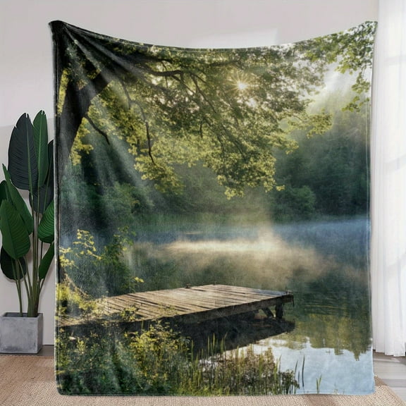 1pc Vintage Landscape Print Flannel Blanket – Soft, Cozy Throw for Sofa, Bed, Car, Office, Camping & Travel – All-Season Gift with Serene Forest Scene Design