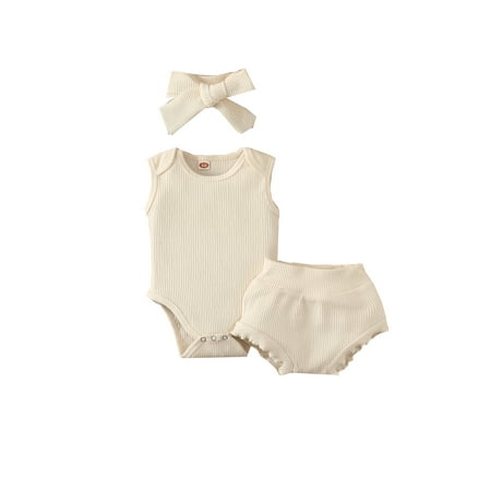 

Romper Set Sleeveless Button Closure Romper Elastic Waist Shorts with Bowknot Hairband