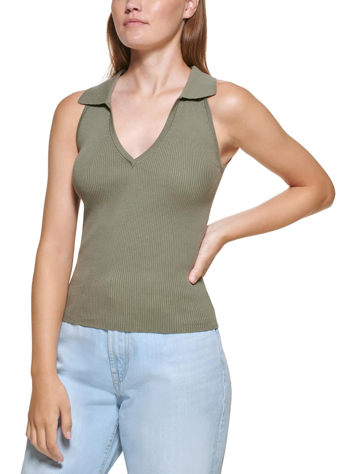 DKNY JEANS Womens Green Ribbed Pullover Sleeveless Collared Tank 
