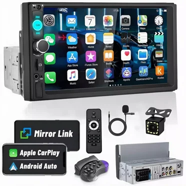 WRWolf 7” Double Din Touchscreen Car Stereo – Apple CarPlay/Android Auto, Bluetooth, Backup Camera Ready
