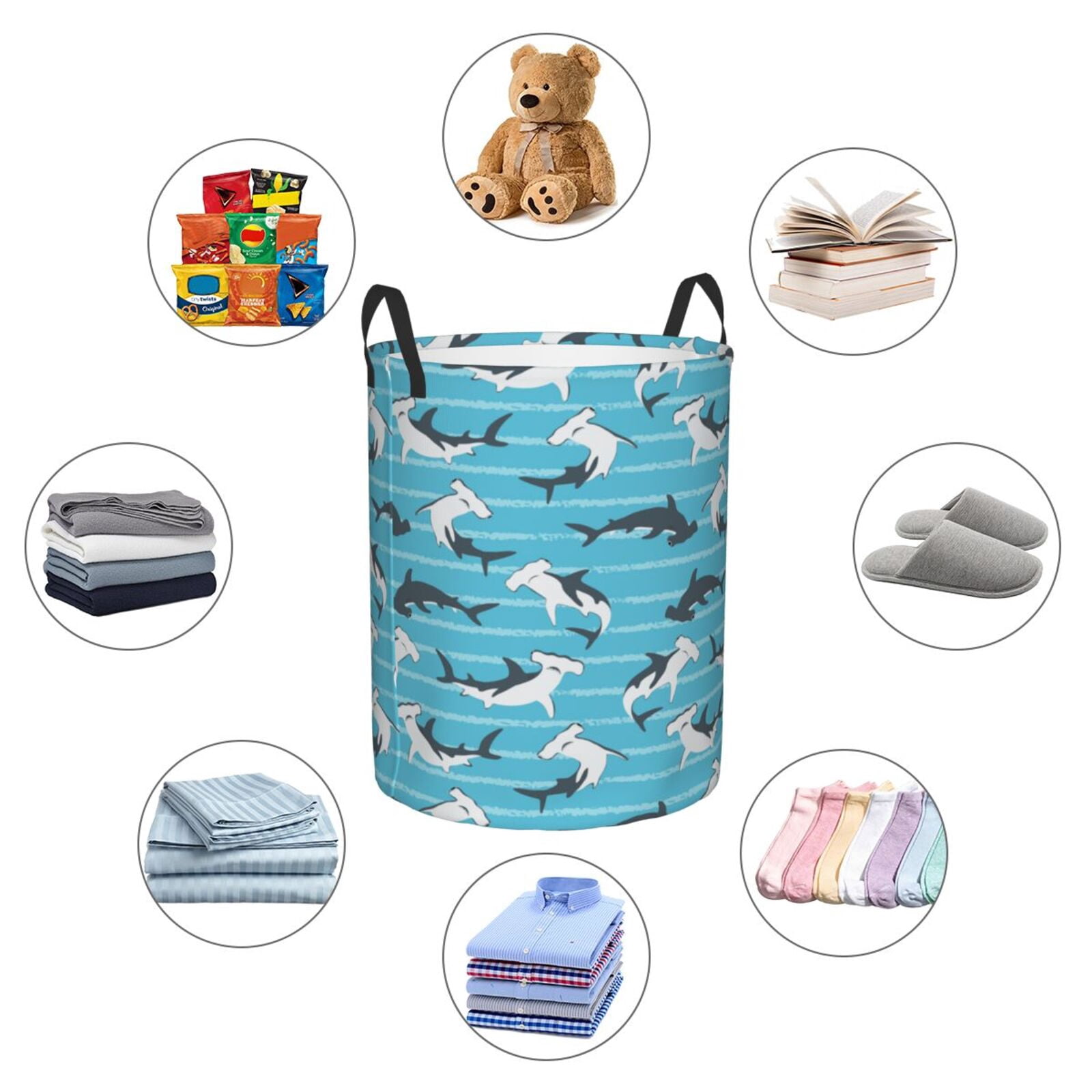 Large Laundry Basket with Handles - Blue-striped hammerhead shark Kids Baby Dirty Clothes Laundry Hamper for Bedroom Aesthetic