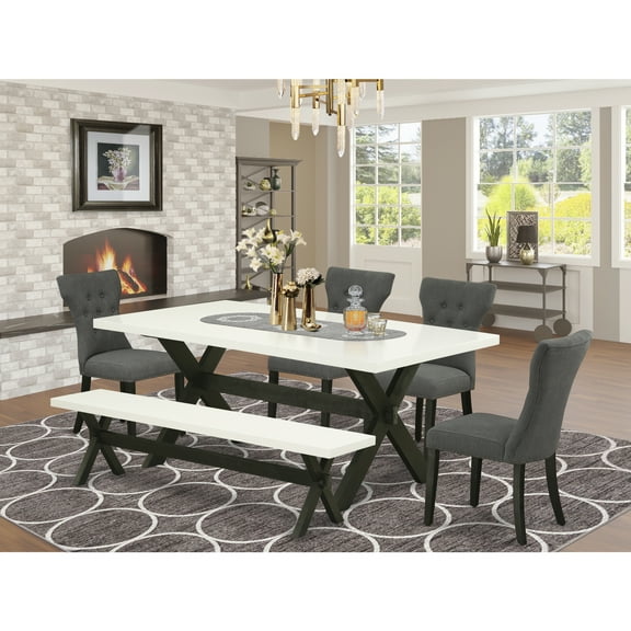 Modern 6-Piece Dinette Set - Kitchen Table with ChairsBench - Grey Linen FabricBlack Finish