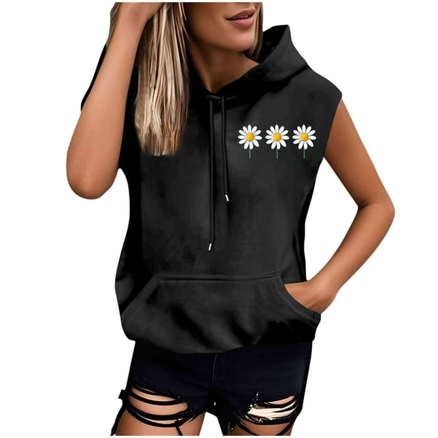 Sombrero Superior para las Mujeres Manga Corta Delantera Y Trasera Impresa Cuerda de Bolsillo con Capucha Sudadera Superior, Desgaste Casual Toda la Temporada