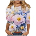 thumbnail image 2 of Nrmvnmi Womens 3/4 Length Sleeve Cotton Tops Casual Floral Print Round Neck Tie Dye Summer Tops Loose Fit Elastic and Lightweight Blouse For Women, 2 of 5
