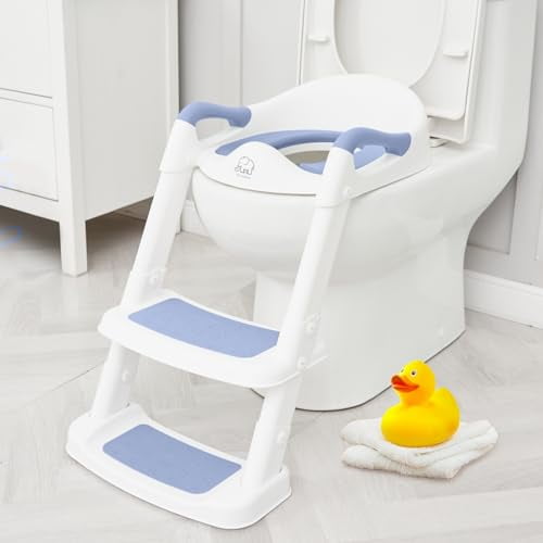 Blue Toddler Boys Toilet Potty Training Seat with Step Stool Ladder, Baby Child Kids Adjustable Height Sturdy Potty Seat with Soft Cushion and Comfortable Handles (White and Blue)